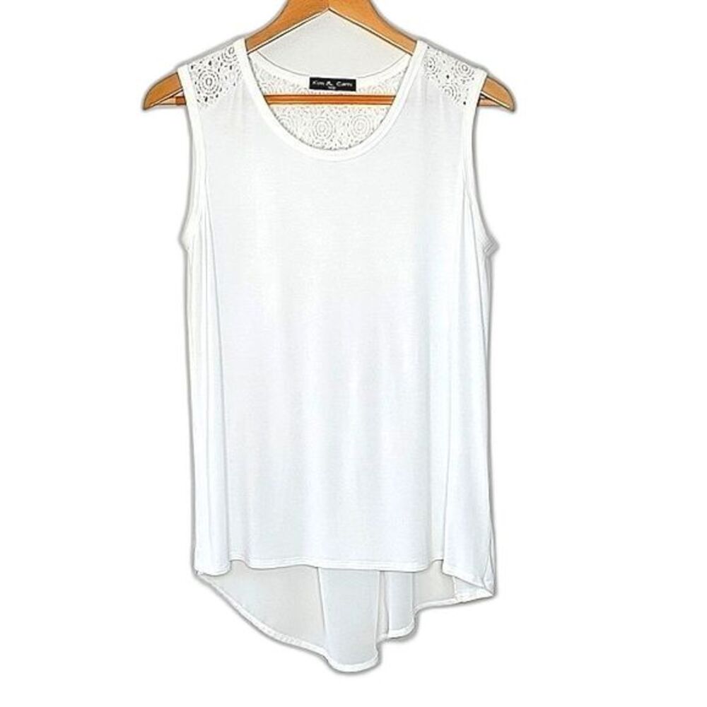 KIM & CAMI White Sleeveless Sheer Feminine Lace Sheer Shirttail Tank Top size L